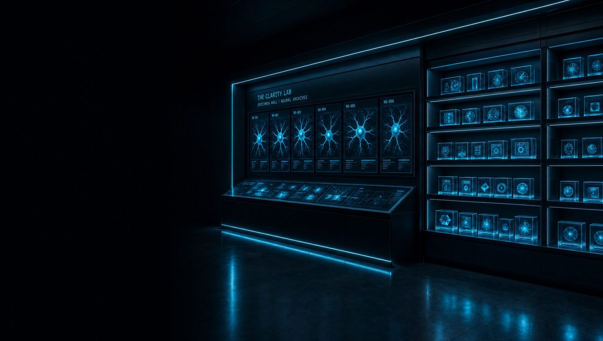 A wall of glowing cyan specimen shelves and archived neural patterns sealed in vitrines